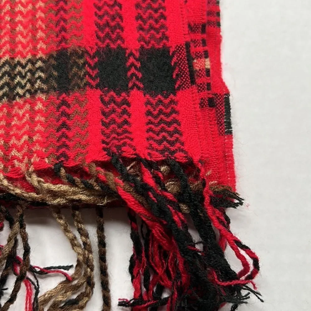 ABG red black and tan fringed men’s winter scarf EUC